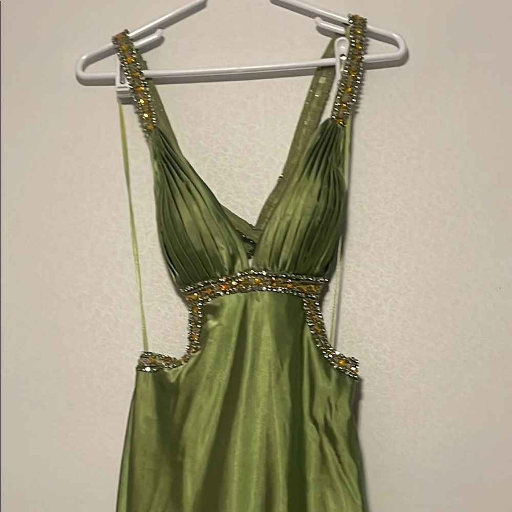 Chic Backless Green Satin Gown with Beaded Straps